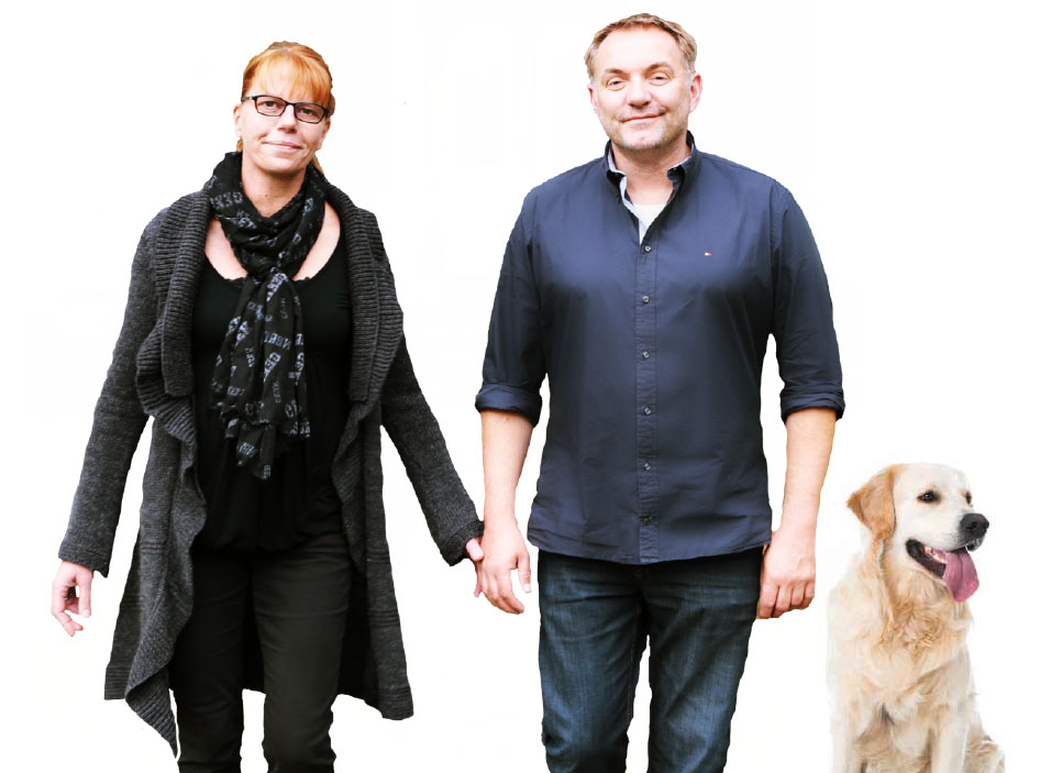 Foto von Kerstin Marten-Hintermair, Wolfgang Hintermair und Bruno dem Therapiehund